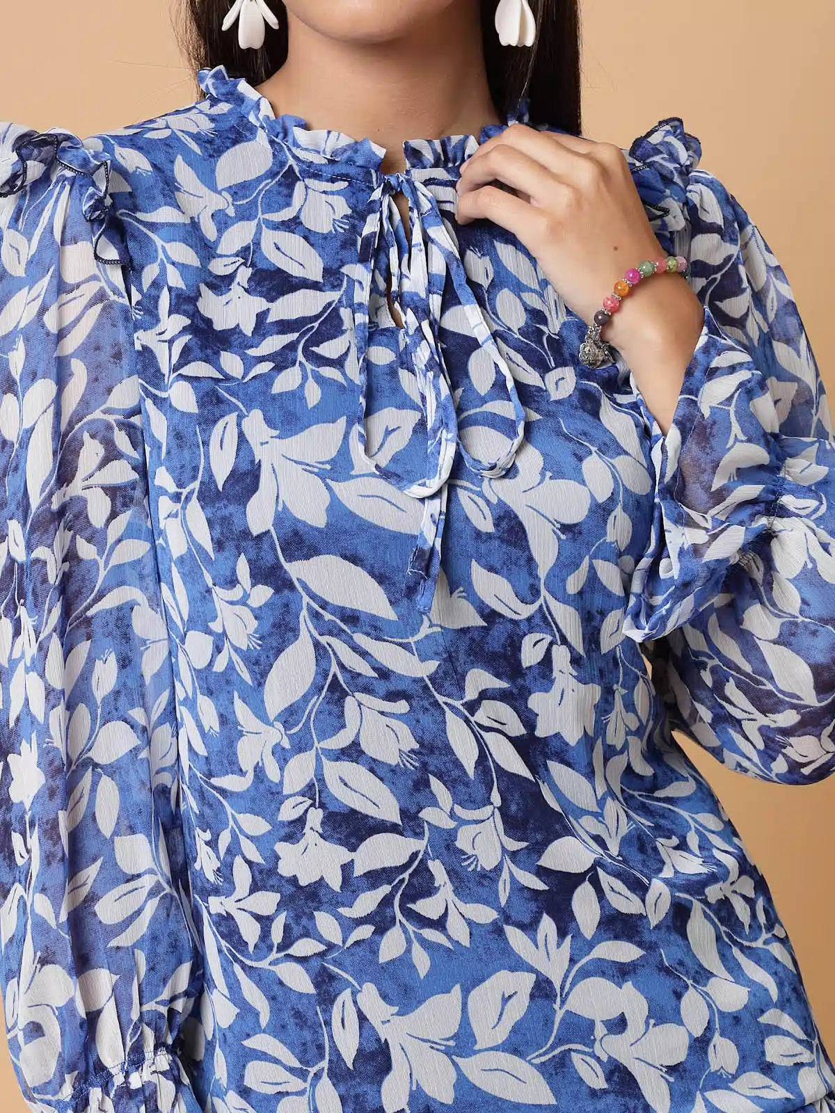 Blue Floral Printed Tie-Up Neck Puff Sleeves Ruffles Flounce Hem Drop-Waist Dress