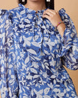 Blue Floral Printed Tie-Up Neck Puff Sleeves Ruffles Flounce Hem Drop-Waist Dress