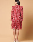 Maroon Floral Printed Tie-Up Neck Puff Sleeves Ruffles Flounce Hem Drop-Waist Dress