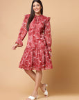 Maroon Floral Printed Tie-Up Neck Puff Sleeves Ruffles Flounce Hem Drop-Waist Dress