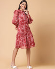 Maroon Floral Printed Tie-Up Neck Puff Sleeves Ruffles Flounce Hem Drop-Waist Dress