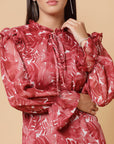 Maroon Floral Printed Tie-Up Neck Puff Sleeves Ruffles Flounce Hem Drop-Waist Dress