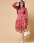 Maroon Floral Printed Tie-Up Neck Puff Sleeves Ruffles Flounce Hem Drop-Waist Dress