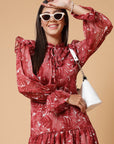Maroon Floral Printed Tie-Up Neck Puff Sleeves Ruffles Flounce Hem Drop-Waist Dress