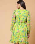 Yellow Floral Print V-Neck Fit  Flare Dress