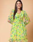 Yellow Floral Print V-Neck Fit  Flare Dress