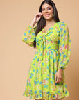 Yellow Floral Print V-Neck Fit  Flare Dress