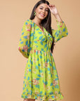 Yellow Floral Print V-Neck Fit  Flare Dress