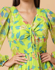Yellow Floral Print V-Neck Fit  Flare Dress