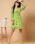 Yellow Floral Print V-Neck Fit  Flare Dress
