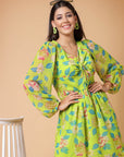 Yellow Floral Print V-Neck Fit  Flare Dress