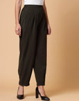 Women Olive Green Solid Pleated Trousers