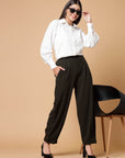 Women Olive Green Solid Pleated Trousers