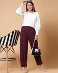 Women Maroon Solid Pleated Trouser