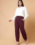 Women Maroon Solid Pleated Trouser