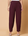 Women Maroon Solid Pleated Trousers