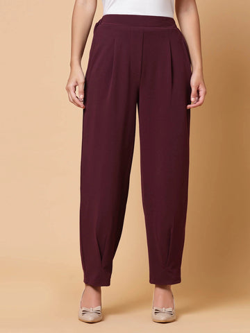 Women Maroon Solid Pleated Trouser