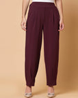 Women Maroon Solid Pleated Trouser