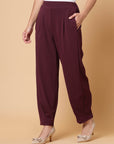 Women Maroon Solid Pleated Trousers