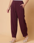 Women Maroon Solid Pleated Trouser