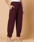 Women Maroon Solid Pleated Trouser