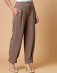 Women Brown Solid Pleated Trousers