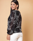 Black Paisley Printed V-Neck Puff Sleeve Buttoned Top Style Top