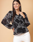 Black Paisley Printed V-Neck Puff Sleeve Buttoned Top Style Top