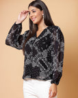 Black Paisley Printed V-Neck Puff Sleeve Buttoned Top Style Top