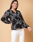 Black Paisley Printed V-Neck Puff Sleeve Buttoned Top Style Top