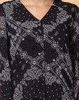 Black Paisley Printed V-Neck Puff Sleeve Buttoned Top Style Top
