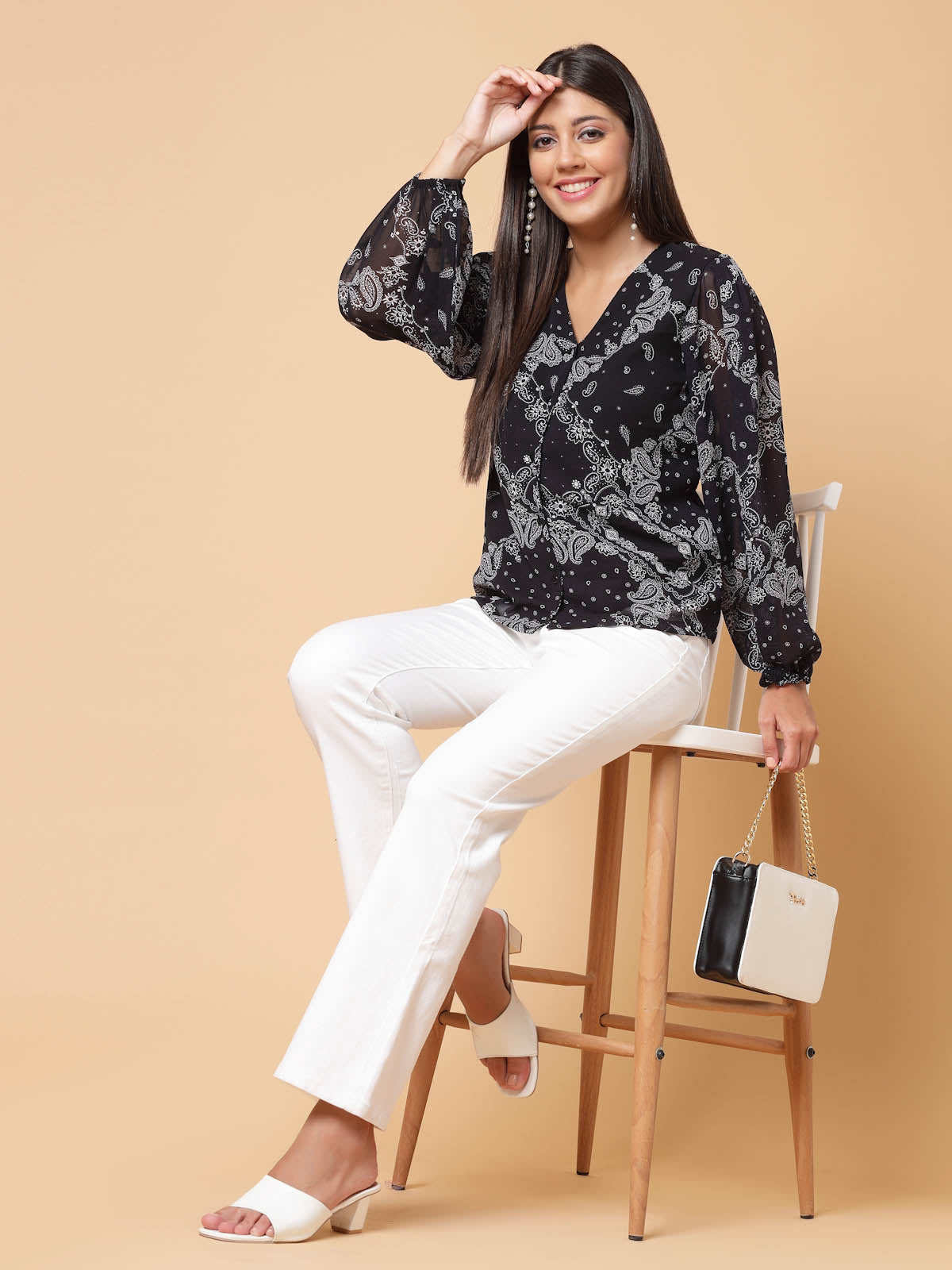 Black Paisley Printed V-Neck Puff Sleeve Buttoned Top Style Top
