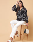 Black Paisley Printed V-Neck Puff Sleeve Buttoned Top Style Top