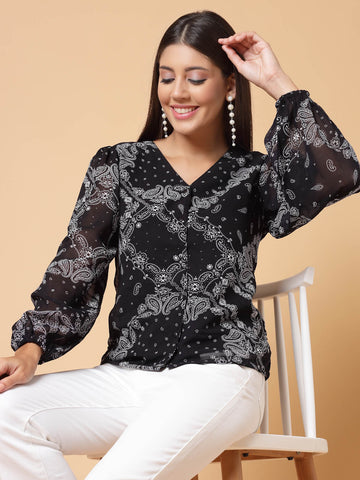 Black Paisley Printed V-Neck Puff Sleeve Shirt Style Top