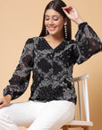 Black Paisley Printed V-Neck Puff Sleeve Buttoned Top Style Top