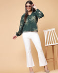 Green Floral Printed V-Neck Puff Sleeve Buttoned Top Style Top