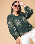 Green Floral Printed V-Neck Puff Sleeve Buttoned Top Style Top