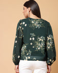 Green Floral Printed V-Neck Puff Sleeve Buttoned Top Style Top