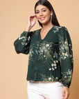 Green Floral Printed V-Neck Puff Sleeve Buttoned Top Style Top