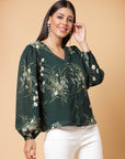 Green Floral Printed V-Neck Puff Sleeve Buttoned Top Style Top