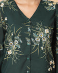 Green Floral Printed V-Neck Puff Sleeve Buttoned Top Style Top