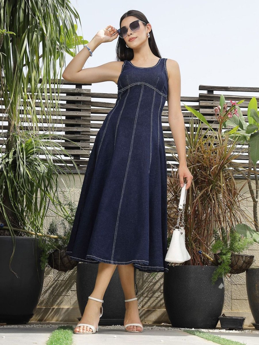 Solid Denim Round Neck Midi Dress blue
