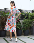 Floral Printed Shirt Collar Short Sleeves Shirt Dress Pink