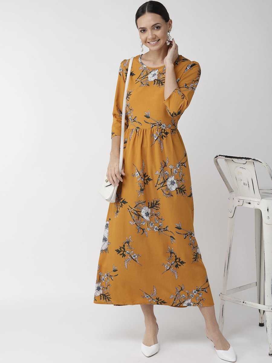 CINK Women Mustard Yellow Floral Printed Maxi Dress