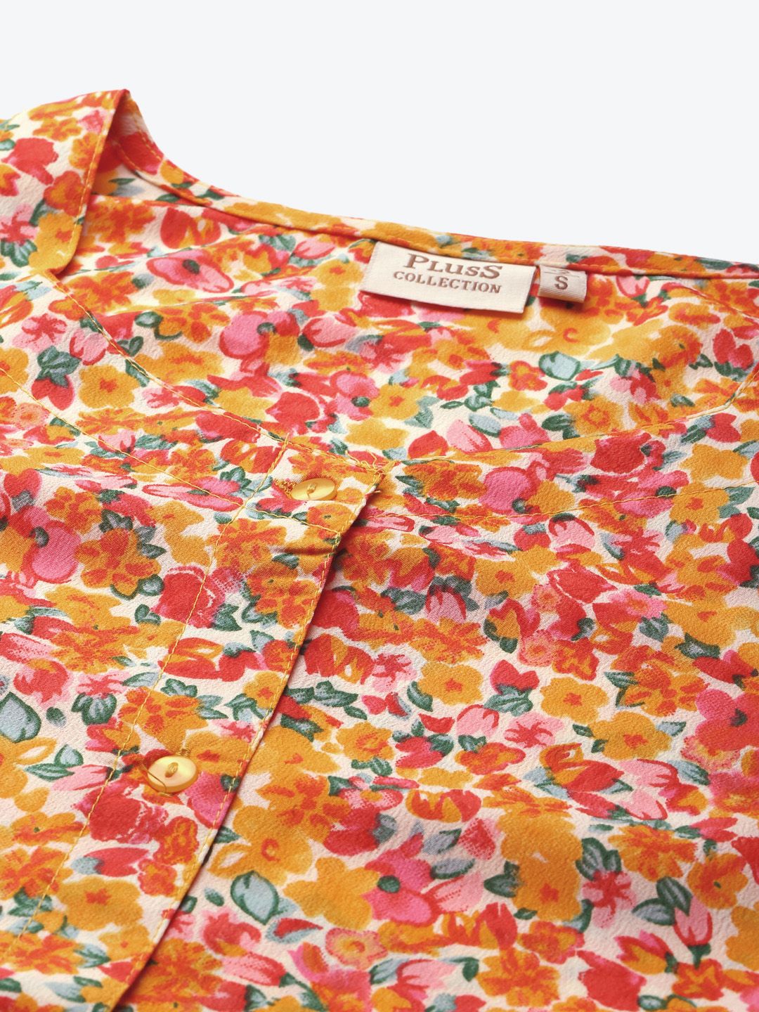 Orange Floral Printed Casual Buttoned Top