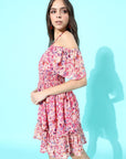 CINK Women Pink Floral Tie-Up Neck A-Line Dress