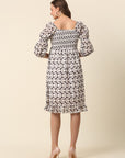 White  Black Monochrome Geometric Printed Puff Sleeves Smocked A-Line Dress