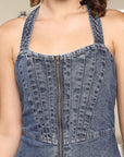 Women Halter Neck A-Line Cotton Midi Dress light-blue