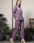 Shirt Collar Embroidered Cotton Shirt With Trousers Co-Ords Set pink