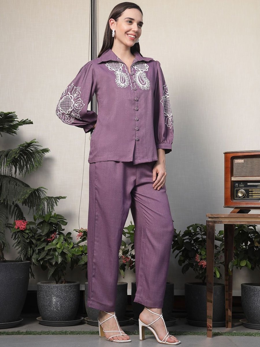 Shirt Collar Embroidered Cotton Shirt With Trousers Co-Ords Set pink